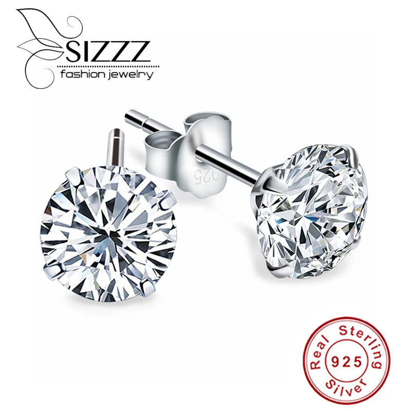 Crystal Zircon Real 925 Sterling Silver Earrings Channel  Cubic Zirconia Silver Stud Earrings for Women Sterling Silver Jewelry - ZOOMNSTORE