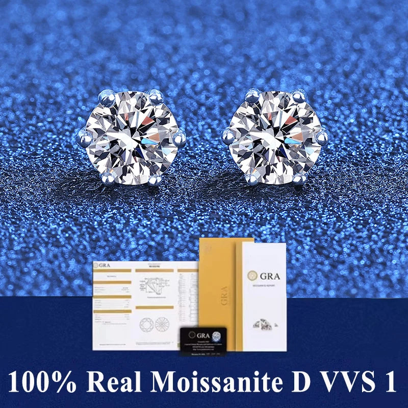 GRA 100% Real Sterling Silver 2 Certificate Moissanites D VVS1 Earrings Stud Pass Diamond Tester Pen For Women Wedding Jewelry - ZOOMNSTORE