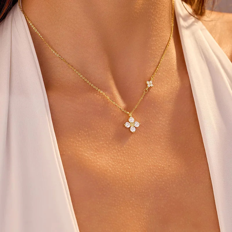 Sterling Silver Necklace - Dainty Leaf Motif Pendant Necklace Women, Gold Plated CZ Flower Jewelry - ZOOMNSTORE