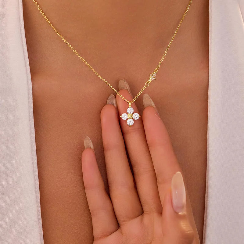 Sterling Silver Necklace - Dainty Leaf Motif Pendant Necklace Women, Gold Plated CZ Flower Jewelry - ZOOMNSTORE