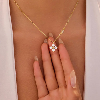 Sterling Silver Necklace - Dainty Leaf Motif Pendant Necklace Women, Gold Plated CZ Flower Jewelry - ZOOMNSTORE