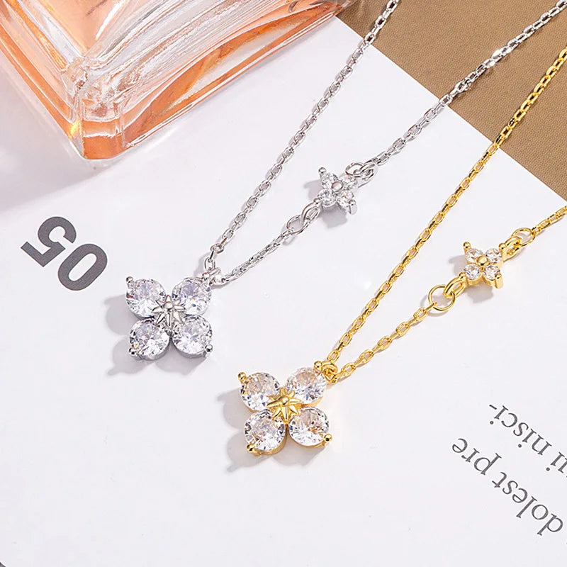 Sterling Silver Necklace - Dainty Leaf Motif Pendant Necklace Women, Gold Plated CZ Flower Jewelry - ZOOMNSTORE