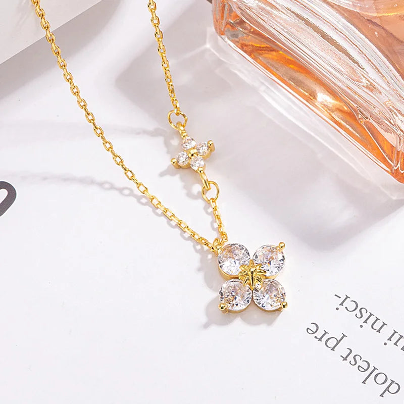 Sterling Silver Necklace - Dainty Leaf Motif Pendant Necklace Women, Gold Plated CZ Flower Jewelry - ZOOMNSTORE