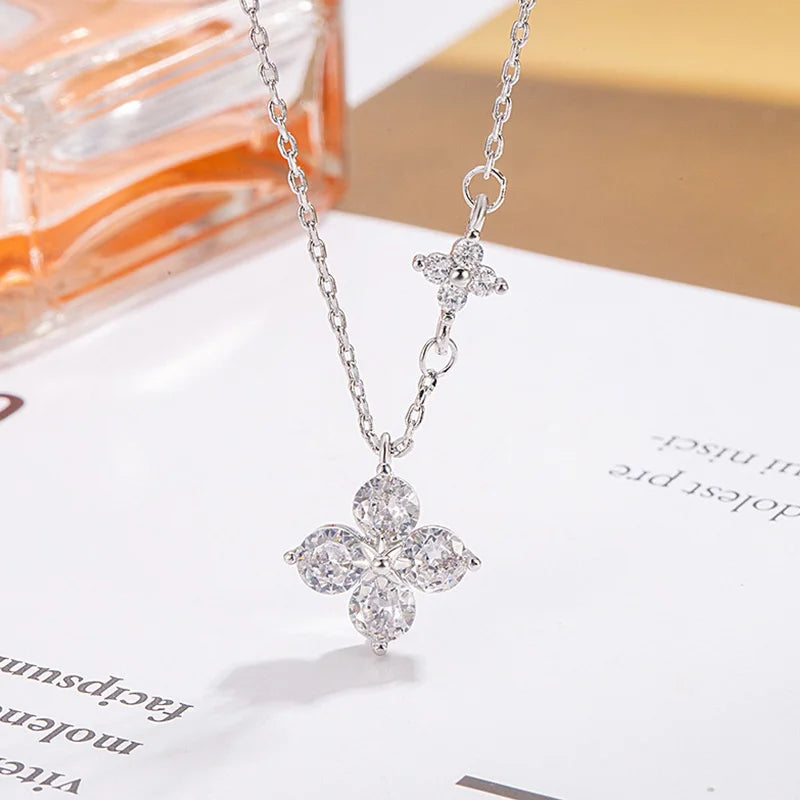 Sterling Silver Necklace - Dainty Leaf Motif Pendant Necklace Women, Gold Plated CZ Flower Jewelry - ZOOMNSTORE