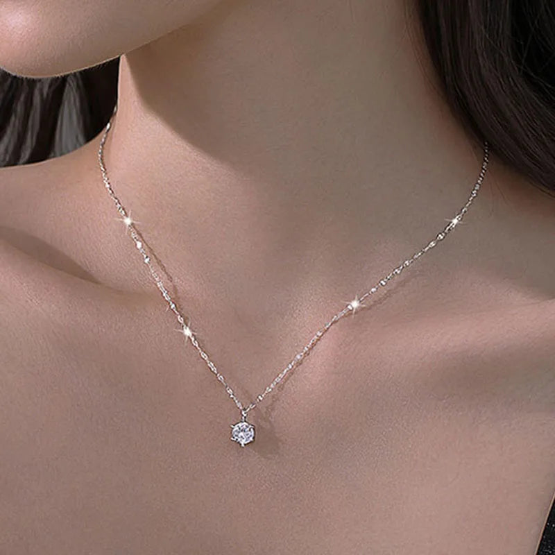 Hot 925 Sterling Silver Plated Necklace Versatile Single Sparkling AAA Zircon Clavicle Chain for Women Wedding Jewelry Wholesale - ZOOMNSTORE