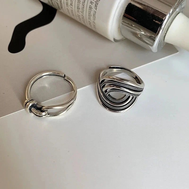 Sterling Silver Rings Adjustable Vintage Hip Hop Couples Silver Bands | Hollow Line Design - ZOOMNSTORE