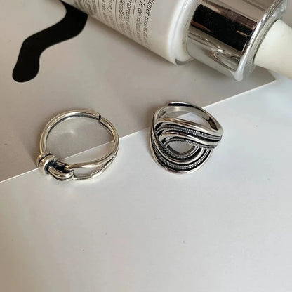 Sterling Silver Rings Adjustable Vintage Hip Hop Couples Silver Bands | Hollow Line Design - ZOOMNSTORE