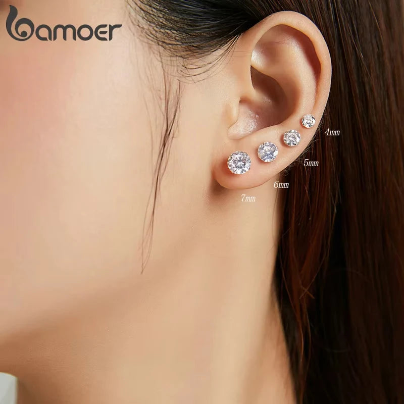 Sterling Silver Stud Earrings – Platinum Plated Round Cubic Zirconia Barbell Style - ZOOMNSTORE