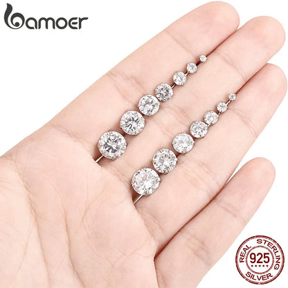 Sterling Silver Stud Earrings – Platinum Plated Round Cubic Zirconia Barbell Style - ZOOMNSTORE