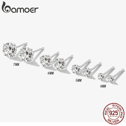 Sterling Silver Stud Earrings – Platinum Plated Round Cubic Zirconia Barbell Style - ZOOMNSTORE