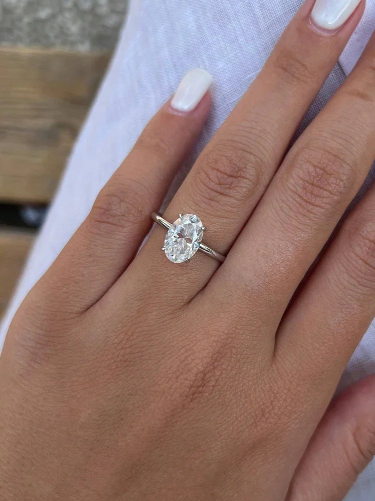 Sterling Silver Zircon Ring - Oval Stone Engagement Wedding Bands With Prong Setting - ZOOMNSTORE