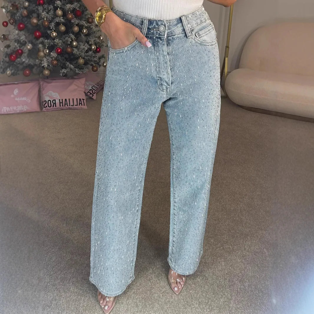 Straight Jeans for Women Diamonds Pants Stretch High Waist Washed Distressed Pockets Vintage Denims Streetwear Female Trousers - ZOOMNSTORE