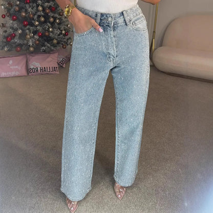 Straight Jeans for Women Diamonds Pants Stretch High Waist Washed Distressed Pockets Vintage Denims Streetwear Female Trousers - ZOOMNSTORE