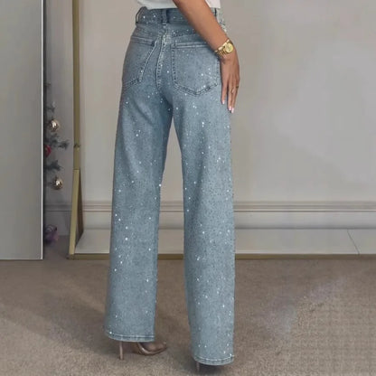 Straight Jeans for Women Diamonds Pants Stretch High Waist Washed Distressed Pockets Vintage Denims Streetwear Female Trousers - ZOOMNSTORE