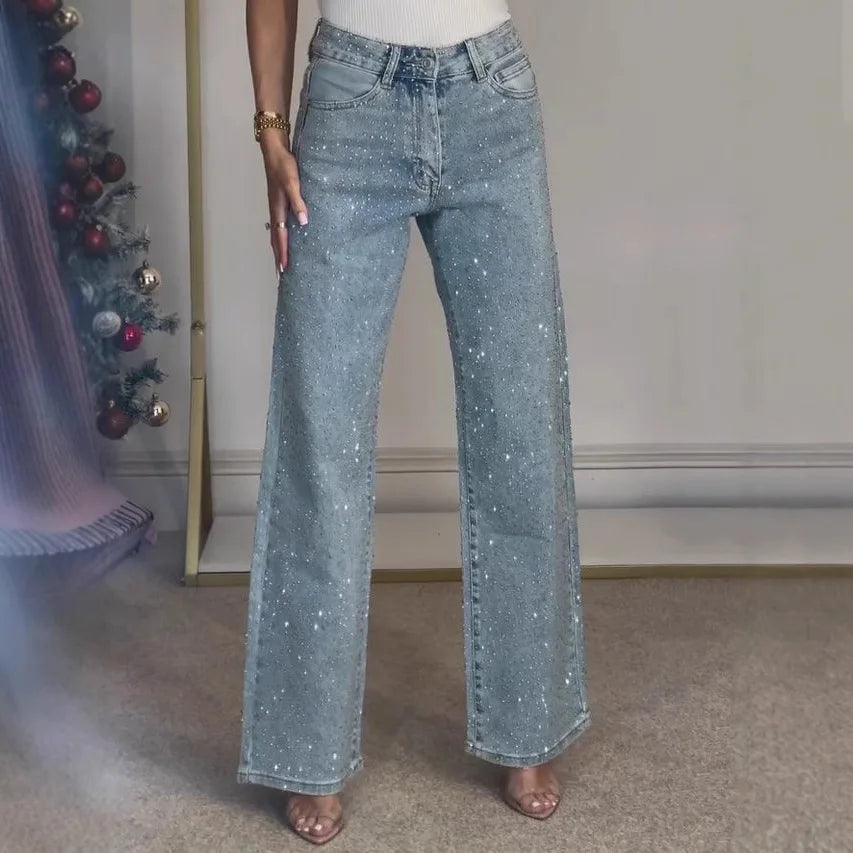 Straight Jeans for Women Diamonds Pants Stretch High Waist Washed Distressed Pockets Vintage Denims Streetwear Female Trousers - ZOOMNSTORE