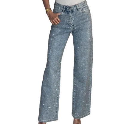 Straight Jeans for Women Diamonds Pants Stretch High Waist Washed Distressed Pockets Vintage Denims Streetwear Female Trousers - ZOOMNSTORE