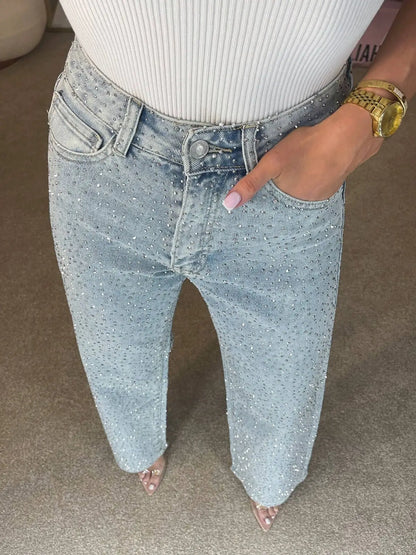 Straight Jeans for Women Diamonds Pants Stretch High Waist Washed Distressed Pockets Vintage Denims Streetwear Female Trousers - ZOOMNSTORE