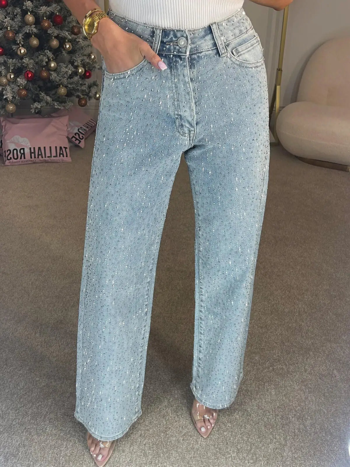 Straight Jeans for Women Diamonds Pants Stretch High Waist Washed Distressed Pockets Vintage Denims Streetwear Female Trousers - ZOOMNSTORE