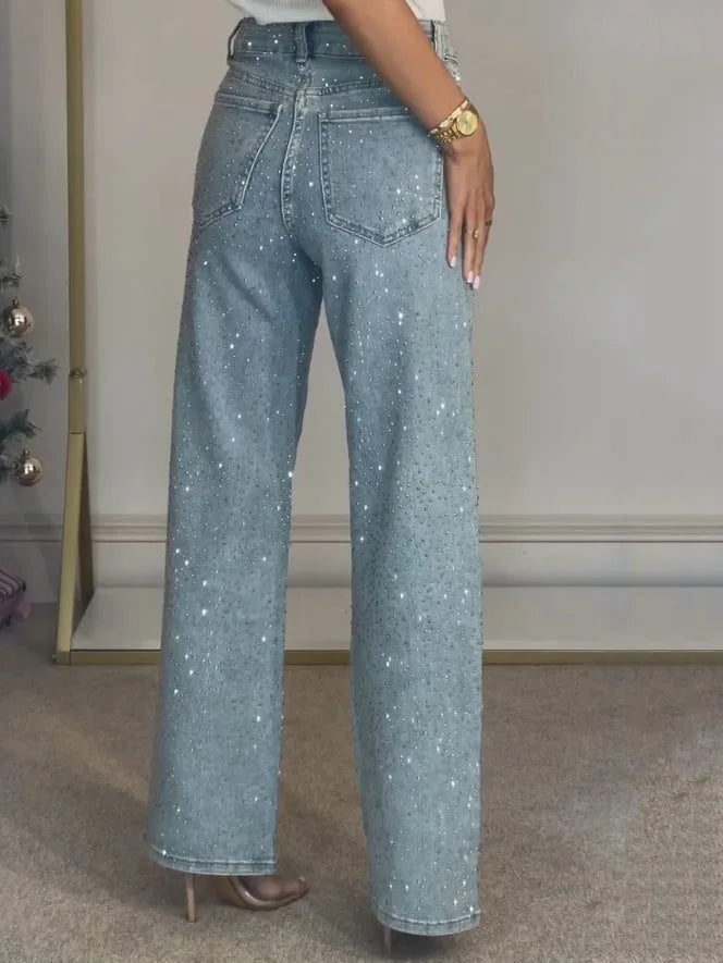 Straight Jeans for Women Diamonds Pants Stretch High Waist Washed Distressed Pockets Vintage Denims Streetwear Female Trousers - ZOOMNSTORE
