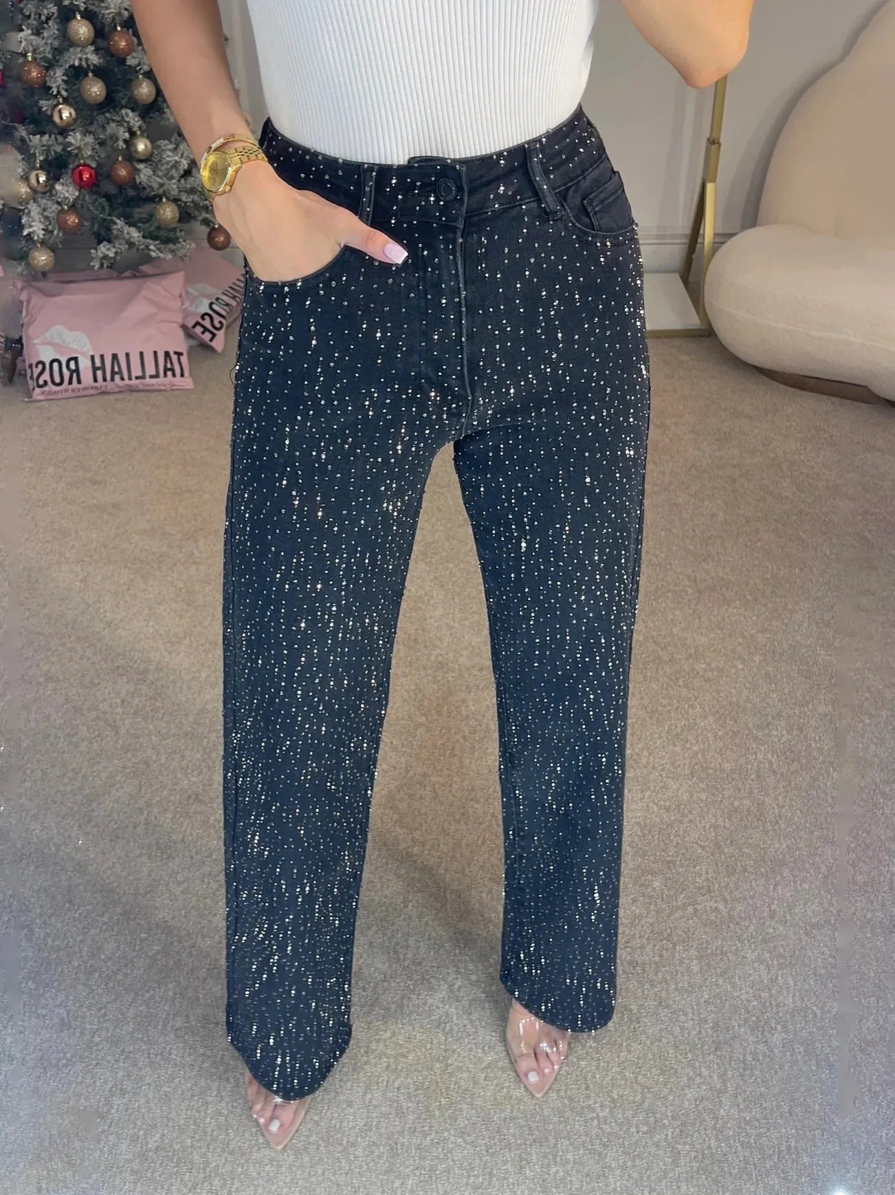 Straight Jeans for Women Diamonds Pants Stretch High Waist Washed Distressed Pockets Vintage Denims Streetwear Female Trousers - ZOOMNSTORE