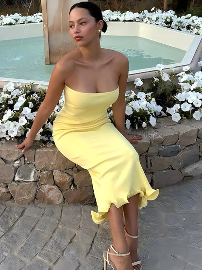 Sleeveless Ruffle Bodycon Midi Dress - Womens Solid Party Clubwear for Autumn Winter - ZOOMNSTORE