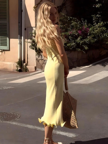 Sleeveless Ruffle Bodycon Midi Dress - Womens Solid Party Clubwear for Autumn Winter - ZOOMNSTORE