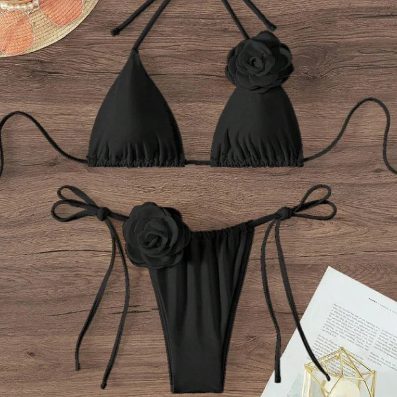 3D Flower Halter Bikini Set - Sexy Womens Swimwear - ZOOMNSTORE