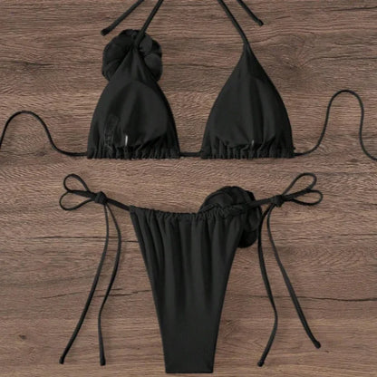 3D Flower Halter Bikini Set - Sexy Womens Swimwear - ZOOMNSTORE