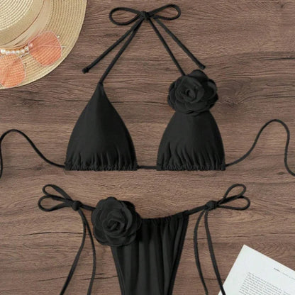 3D Flower Halter Bikini Set - Sexy Womens Swimwear - ZOOMNSTORE