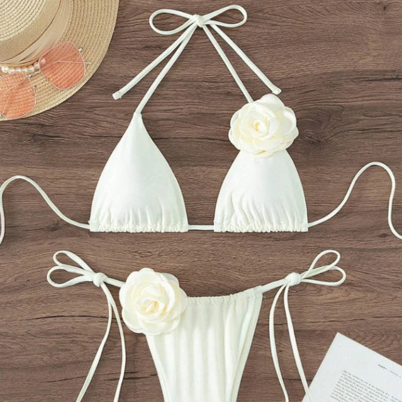 3D Flower Halter Bikini Set - Sexy Womens Swimwear - ZOOMNSTORE