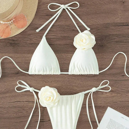 3D Flower Halter Bikini Set - Sexy Womens Swimwear - ZOOMNSTORE