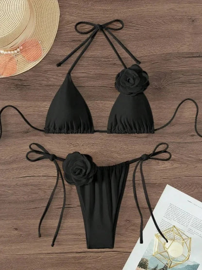 3D Flower Halter Bikini Set - Sexy Womens Swimwear - ZOOMNSTORE