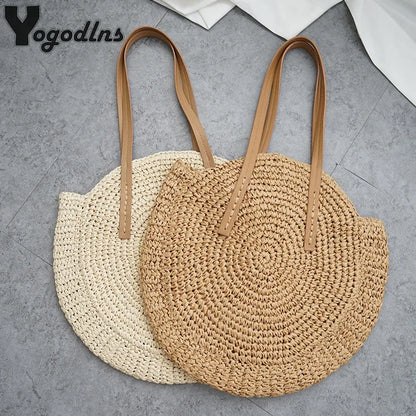 Vintage Woven Straw Beach Bag - Handmade Raffia Rattan Shoulder Bag - ZOOMNSTORE
