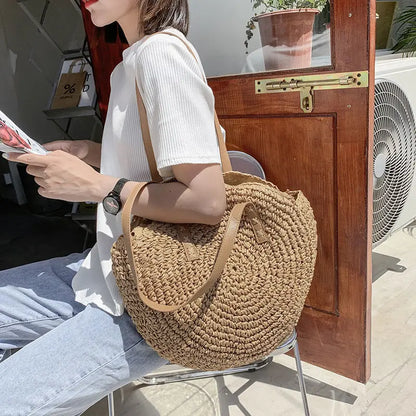 Vintage Woven Straw Beach Bag - Handmade Raffia Rattan Shoulder Bag - ZOOMNSTORE