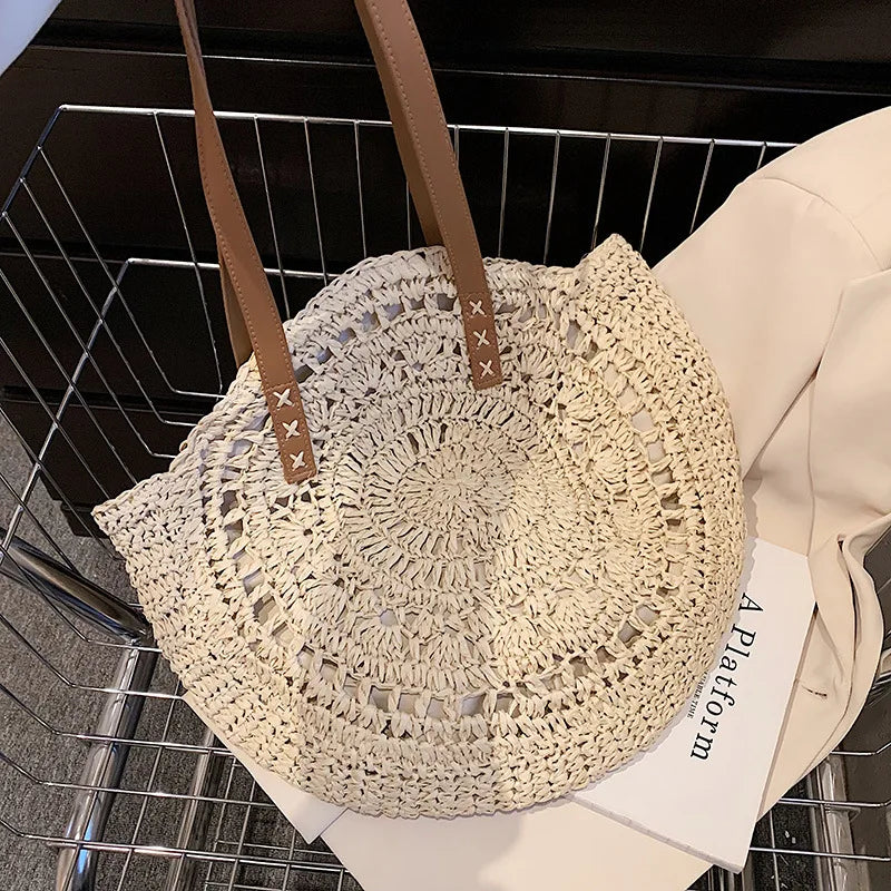Vintage Woven Straw Beach Bag - Handmade Raffia Rattan Shoulder Bag - ZOOMNSTORE
