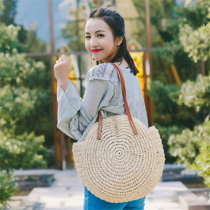Vintage Woven Straw Beach Bag - Handmade Raffia Rattan Shoulder Bag - ZOOMNSTORE