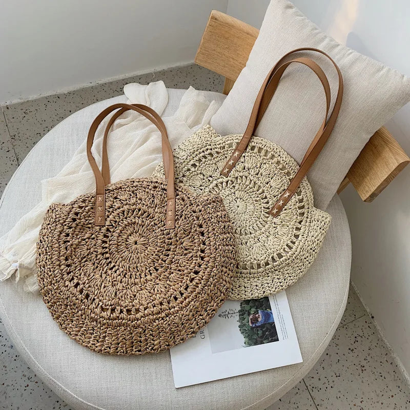 Vintage Woven Straw Beach Bag - Handmade Raffia Rattan Shoulder Bag - ZOOMNSTORE
