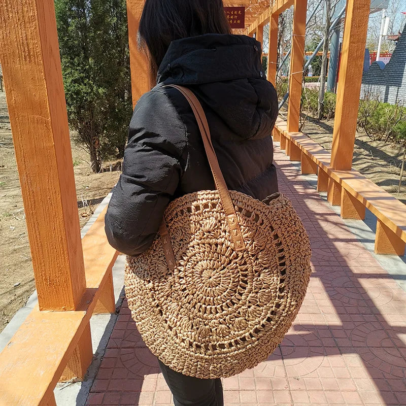 Vintage Woven Straw Beach Bag - Handmade Raffia Rattan Shoulder Bag - ZOOMNSTORE