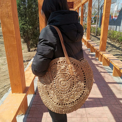 Vintage Woven Straw Beach Bag - Handmade Raffia Rattan Shoulder Bag - ZOOMNSTORE