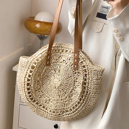 Vintage Woven Straw Beach Bag - Handmade Raffia Rattan Shoulder Bag - ZOOMNSTORE