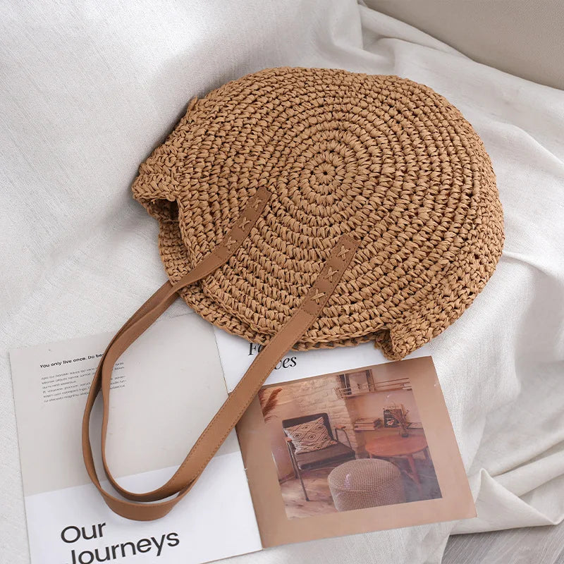 Vintage Woven Straw Beach Bag - Handmade Raffia Rattan Shoulder Bag - ZOOMNSTORE
