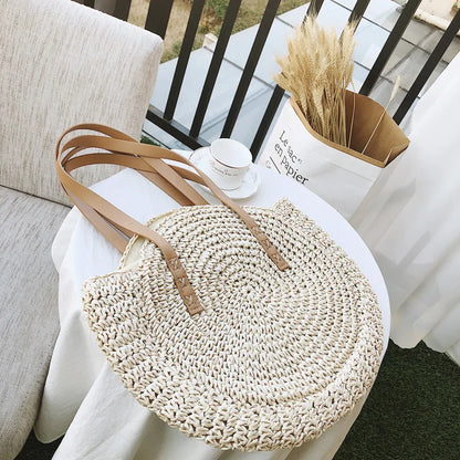 Vintage Woven Straw Beach Bag - Handmade Raffia Rattan Shoulder Bag - ZOOMNSTORE