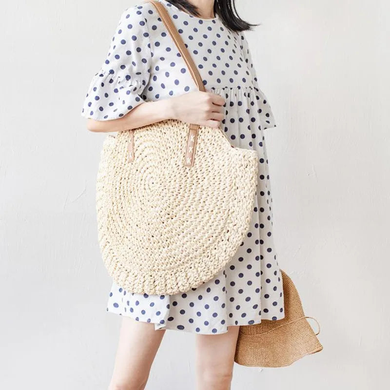 Vintage Woven Straw Beach Bag - Handmade Raffia Rattan Shoulder Bag - ZOOMNSTORE