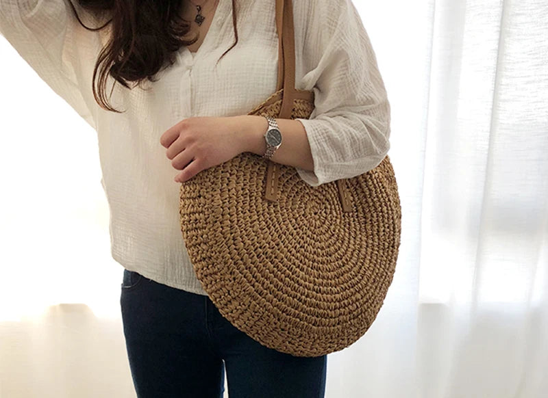 Vintage Woven Straw Beach Bag - Handmade Raffia Rattan Shoulder Bag - ZOOMNSTORE
