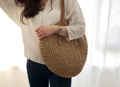 Vintage Woven Straw Beach Bag - Handmade Raffia Rattan Shoulder Bag - ZOOMNSTORE