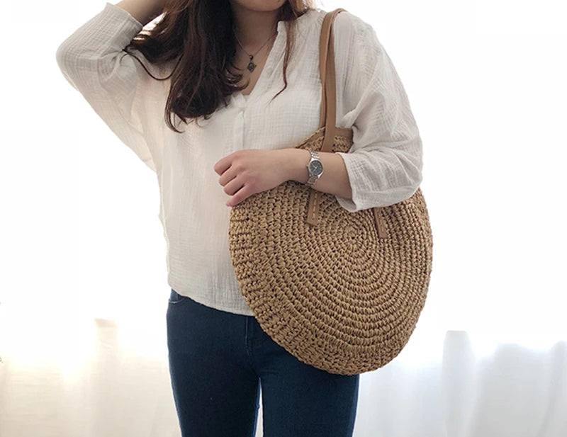 Vintage Woven Straw Beach Bag - Handmade Raffia Rattan Shoulder Bag - ZOOMNSTORE