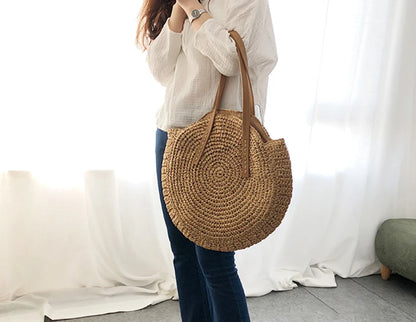 Vintage Woven Straw Beach Bag - Handmade Raffia Rattan Shoulder Bag - ZOOMNSTORE