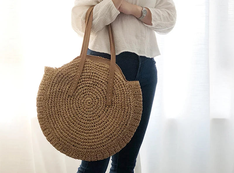 Vintage Woven Straw Beach Bag - Handmade Raffia Rattan Shoulder Bag - ZOOMNSTORE