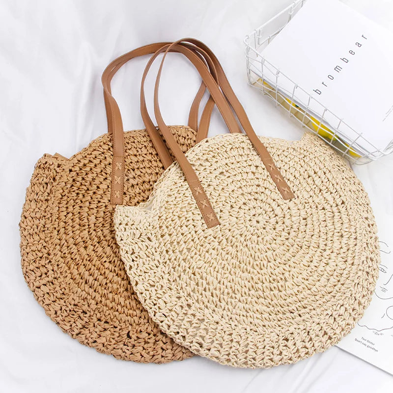 Vintage Woven Straw Beach Bag - Handmade Raffia Rattan Shoulder Bag - ZOOMNSTORE
