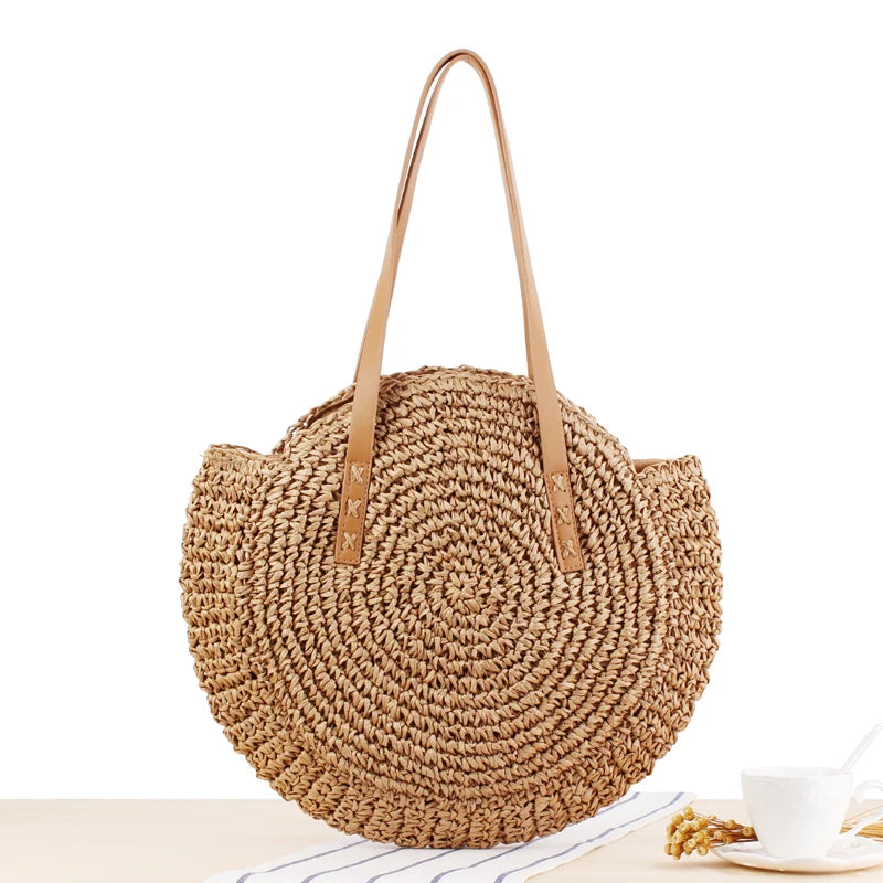 Vintage Woven Straw Beach Bag - Handmade Raffia Rattan Shoulder Bag - ZOOMNSTORE